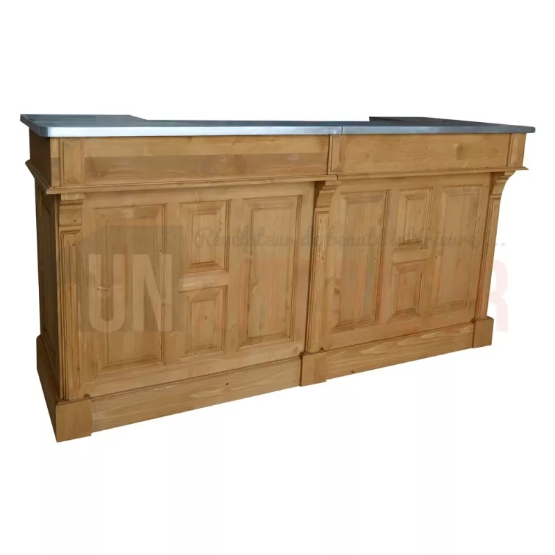 Grand meuble bar de 210cm en pin massif avec plateau zinc - Chester