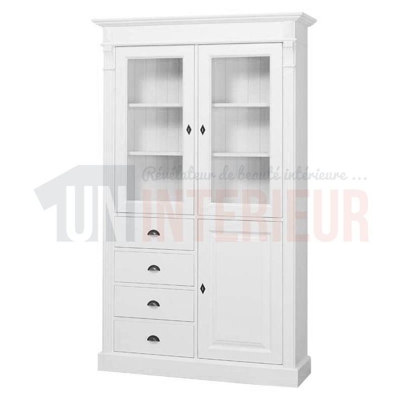 Bibliothèque vitrine en pin massif de 120cm, 2 portes vitrées et 2 portes pleines - Loundry