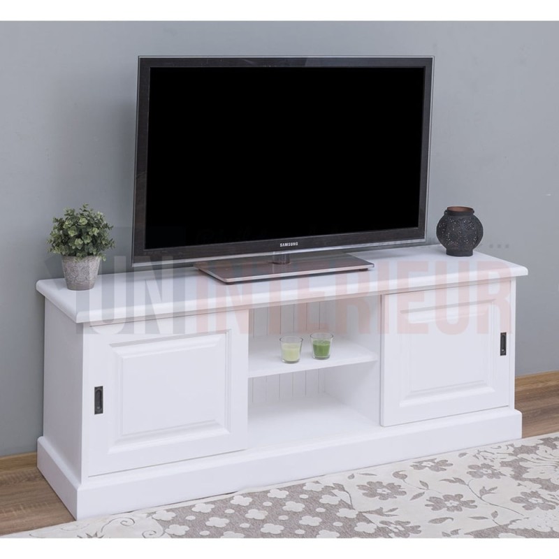 Grand meuble TV 2 portes coulissantes en pin massif - Gordon