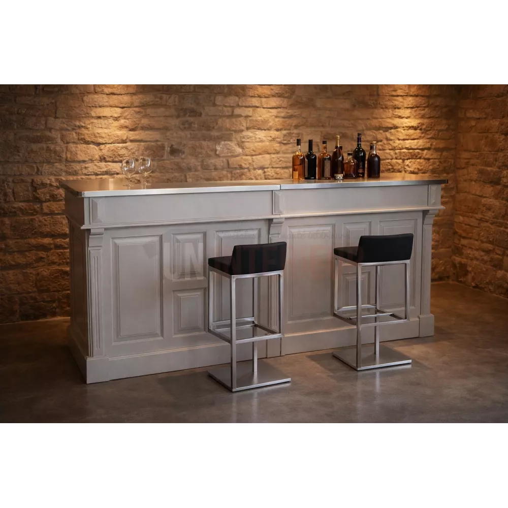 Comptoir de bar de 210cm, sur cette photo présenté en taupe, plateau zinc.
