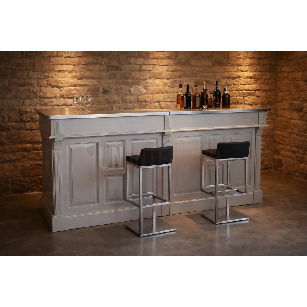 Comptoir de bar de 210cm, sur cette photo présenté en taupe, plateau zinc.