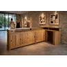 Comptoir de bar en chêne, en angle, de 300cm x 140cm avec retour à droite et plateau zinc.
