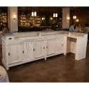 Comptoir de bar d'angle de 300cm x 140cm, avec plateau zinc, corps de meuble en pin.