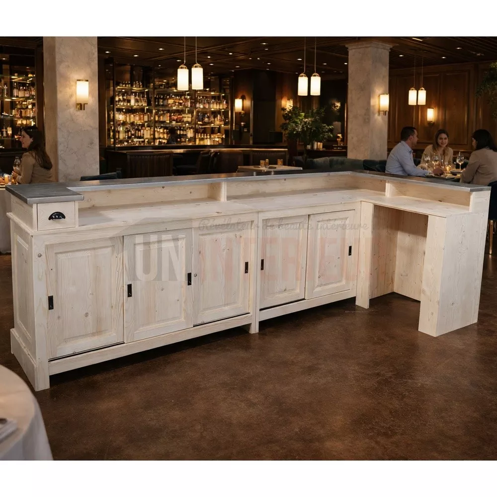 Comptoir de bar d'angle de 300cm x 140cm, avec plateau zinc, corps de meuble en pin.