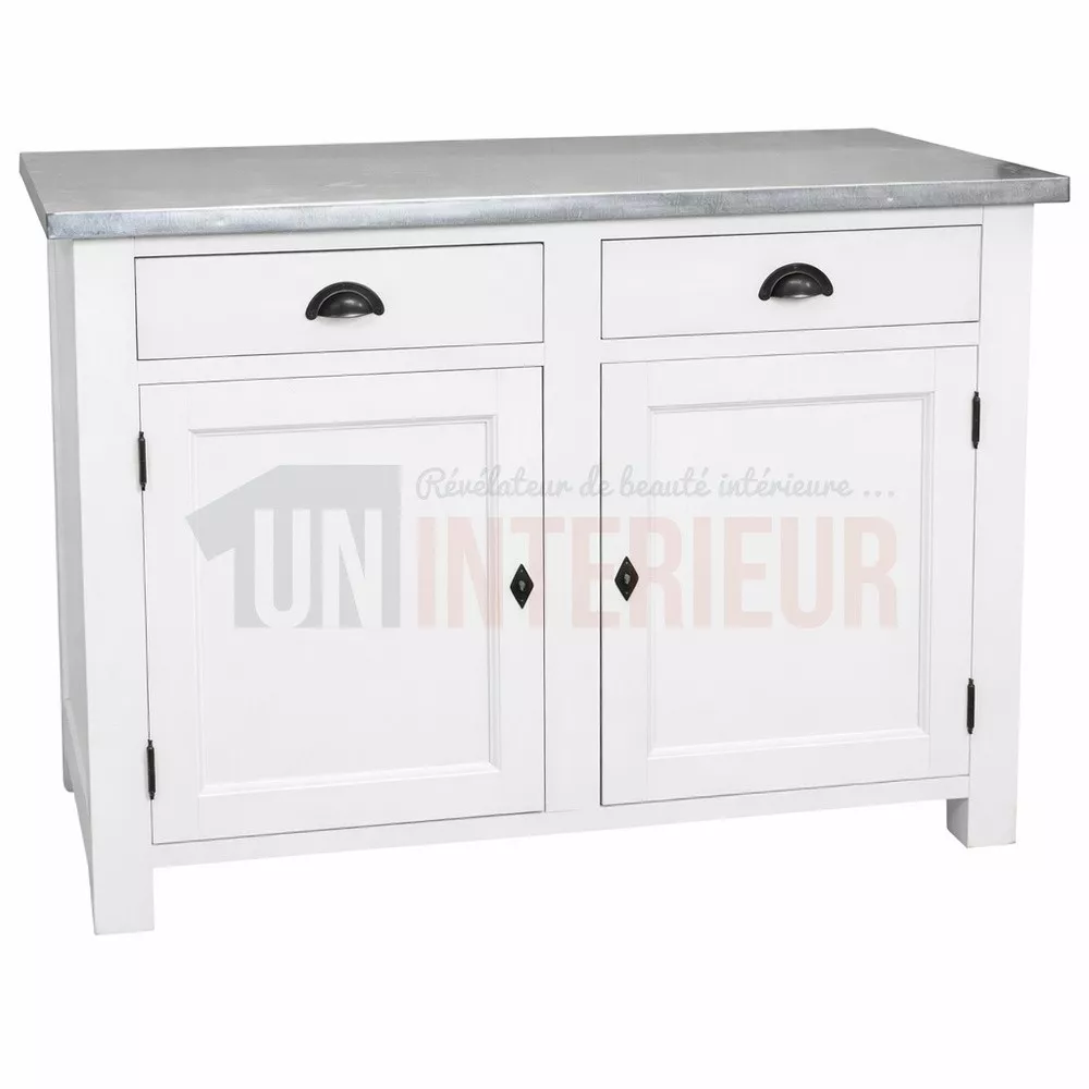 Meuble rangement de cuisine en pin massif et zinc, blanc, Uninterieur