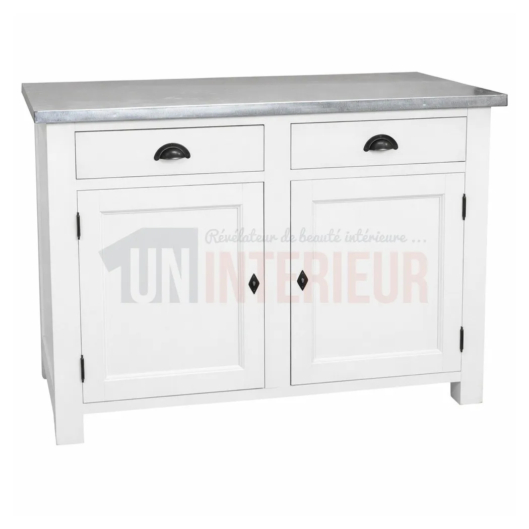 Meuble rangement de cuisine en pin massif et zinc, blanc, Uninterieur
