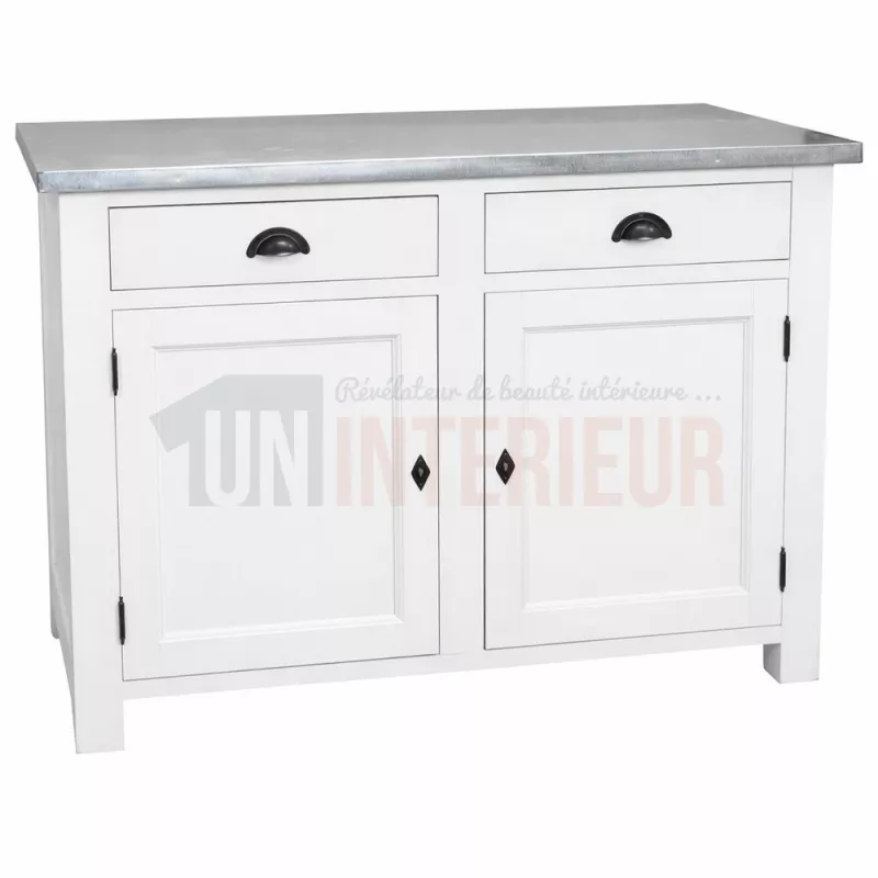 Meuble rangement de cuisine en pin massif et zinc, blanc, Uninterieur