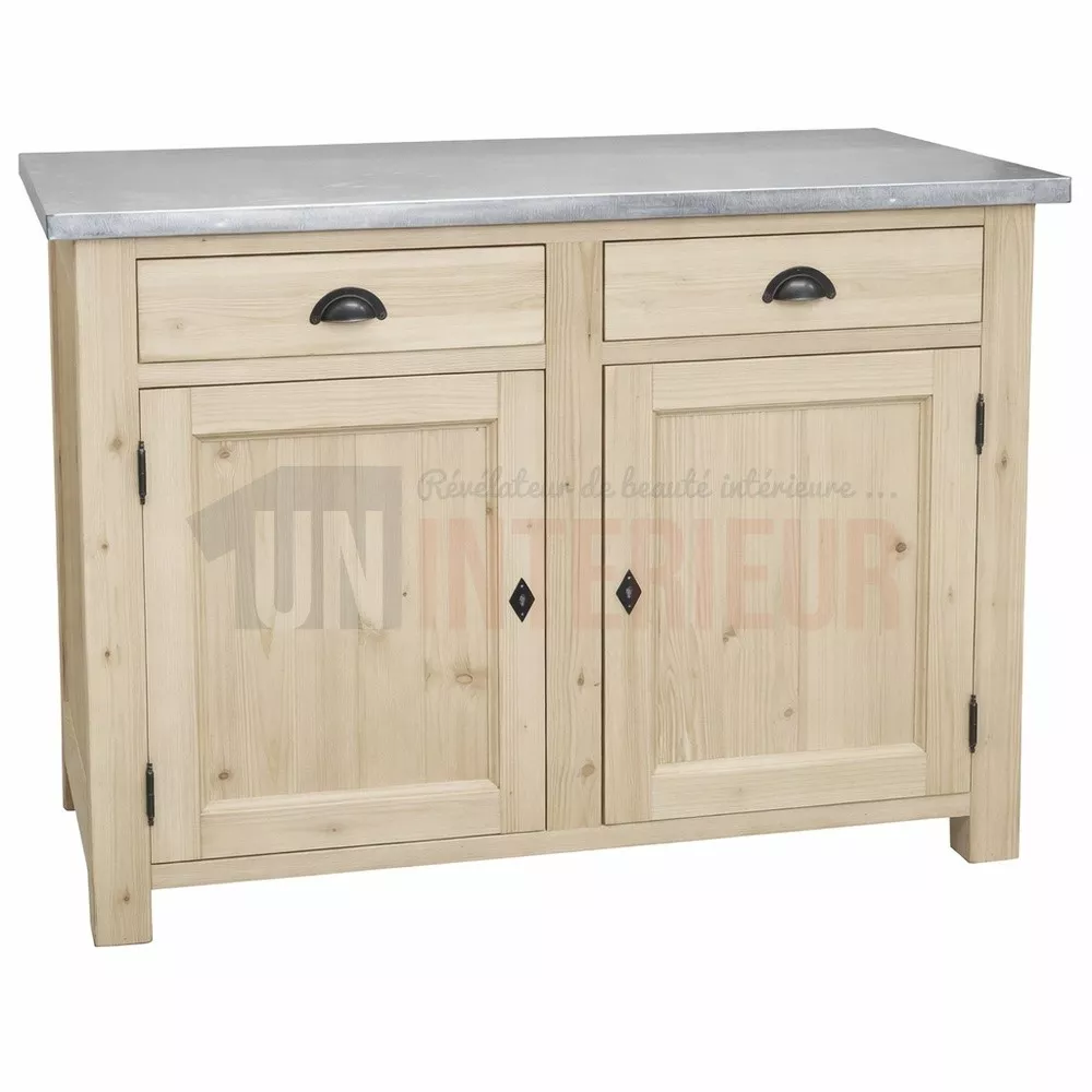 Meuble rangement de cuisine en pin massif et zinc, naturel, brut, Uninterieur