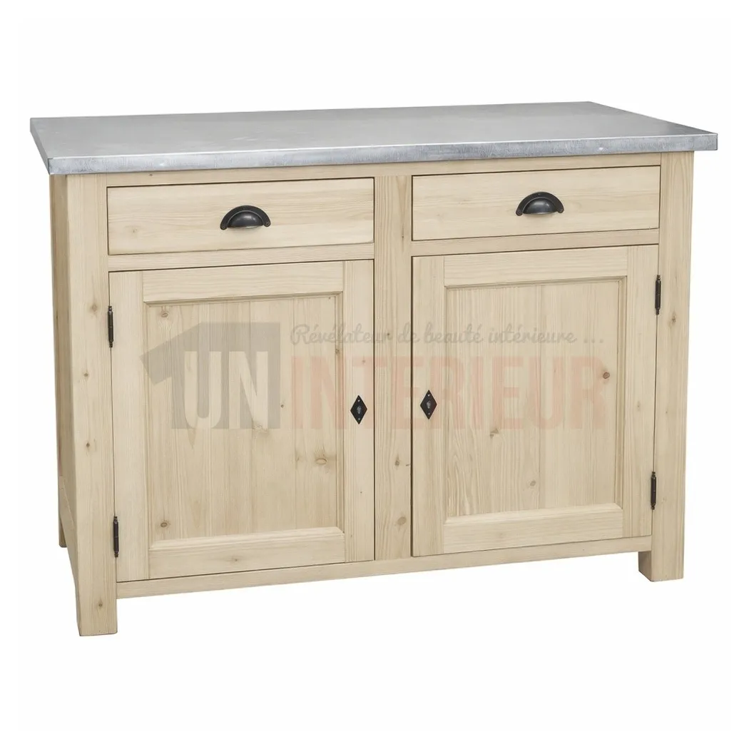 Meuble rangement de cuisine en pin massif et zinc, naturel, brut, Uninterieur