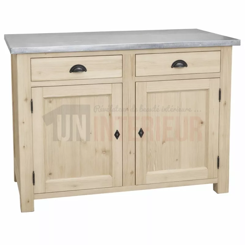 Meuble rangement de cuisine en pin massif et zinc, naturel, brut, Uninterieur