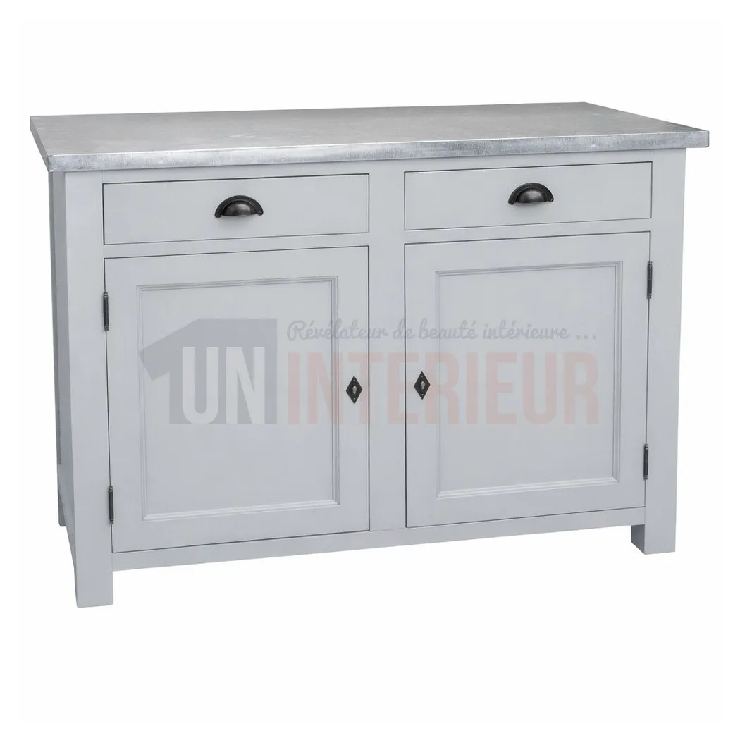 Meuble rangement de cuisine en pin massif et zinc, gris clair, Uninterieur