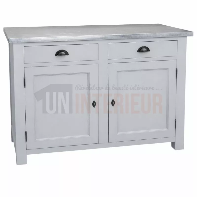 Meuble rangement de cuisine en pin massif et zinc, gris clair, Uninterieur
