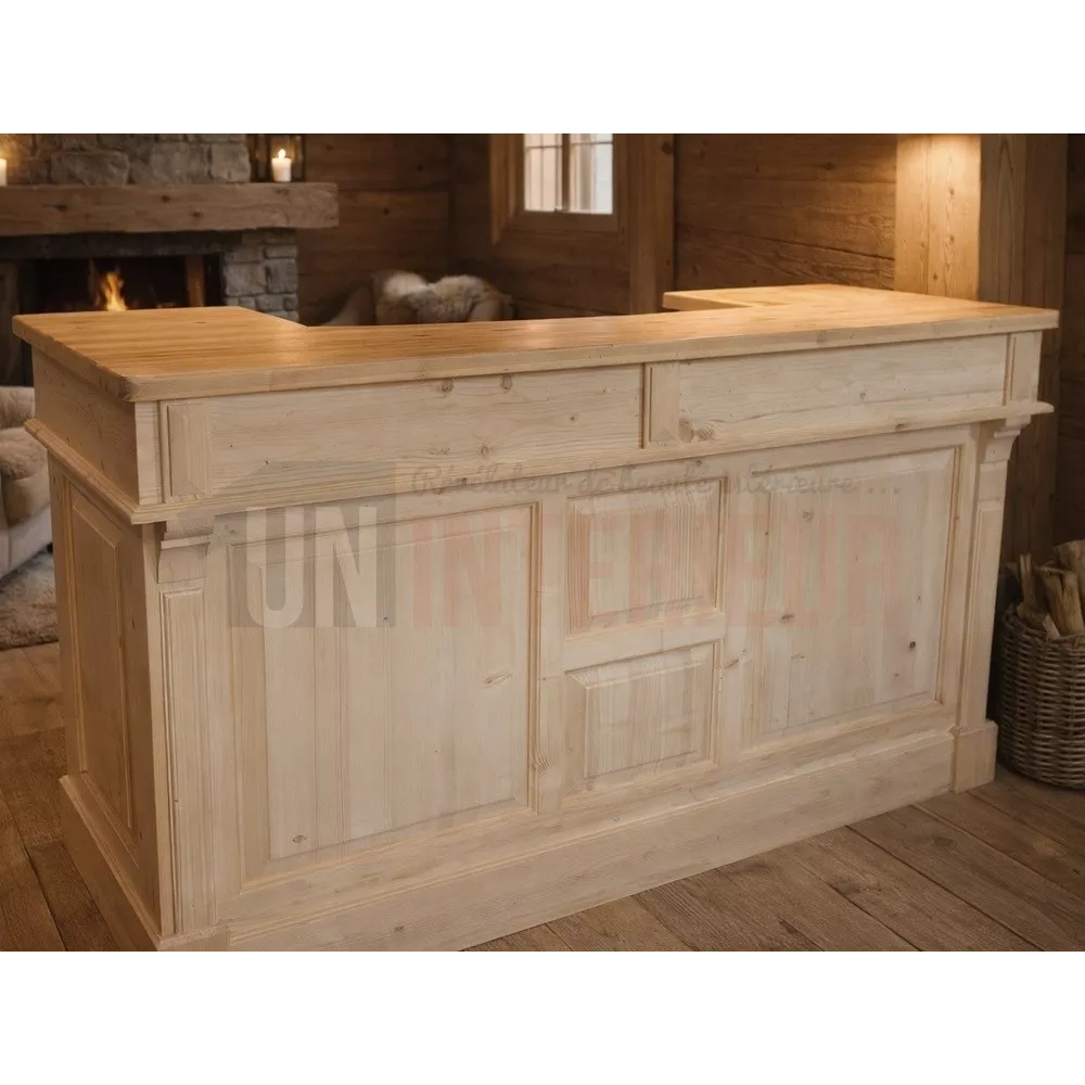 Comptoir de bar en pin 180cm, plateau pin massif, Uninterieur