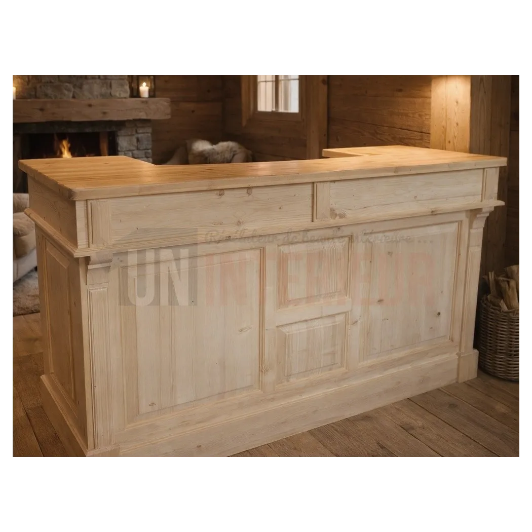 Comptoir de bar en pin 180cm, plateau pin massif, Uninterieur