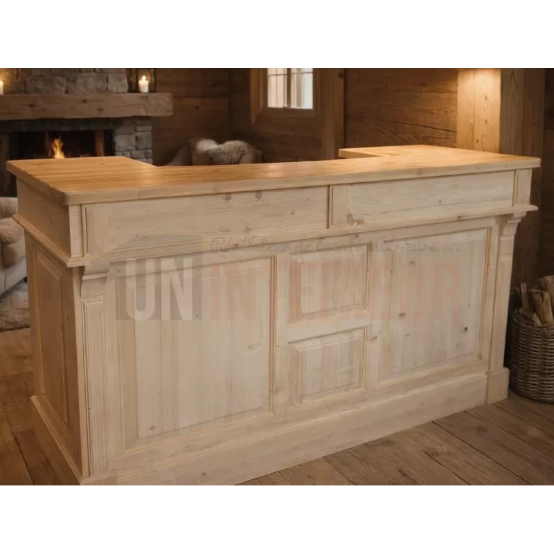 Comptoir de bar en pin 180cm, plateau pin massif, Uninterieur