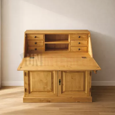 Ce secrétaire dispose de 6 petits tiroirs à l'intérieur de la partie supérieure et d'un rangement sur deux niveaux en bas.