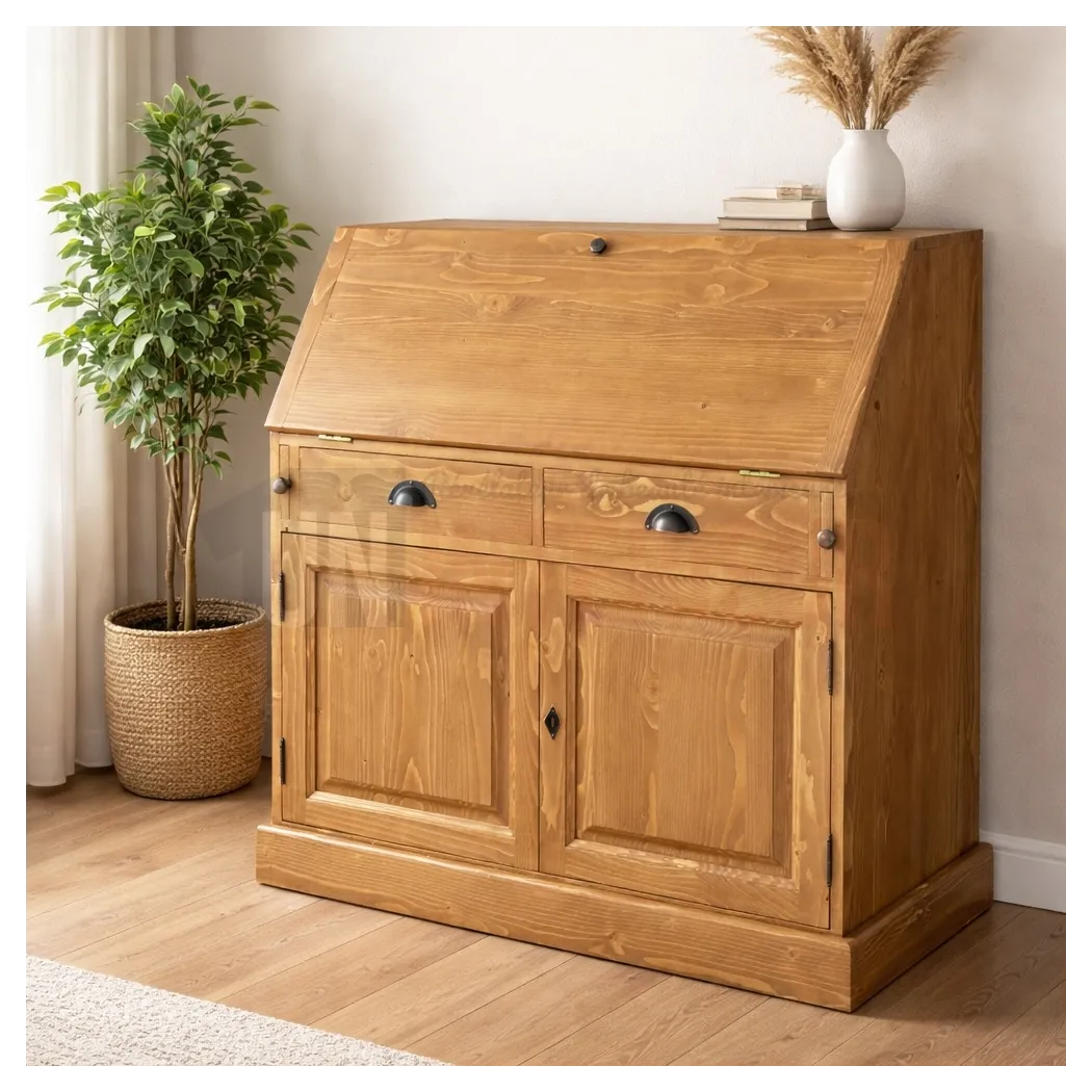 Scriban en pin massif de qualité réalisé par Uninterieur, ici présenté en Cire anglaise dans une ambiance déco tendance.