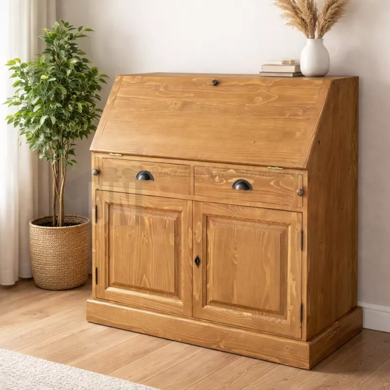 Scriban en pin massif de qualité réalisé par Uninterieur, ici présenté en Cire anglaise dans une ambiance déco tendance.
