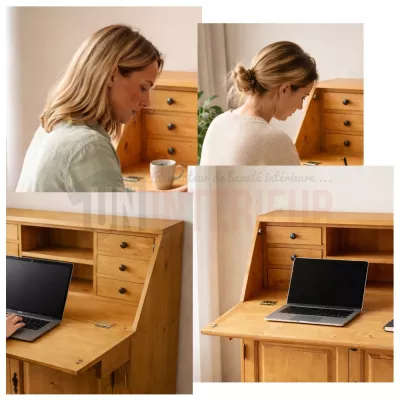 Ce scriban en pin massif est adapté au télétravail, vous pourrez poser votre ordinateur, ranger vos documents...