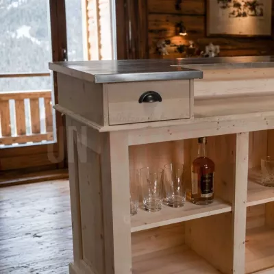 Meuble de bar 180cm, Pin massif & zinc, Uninterieur