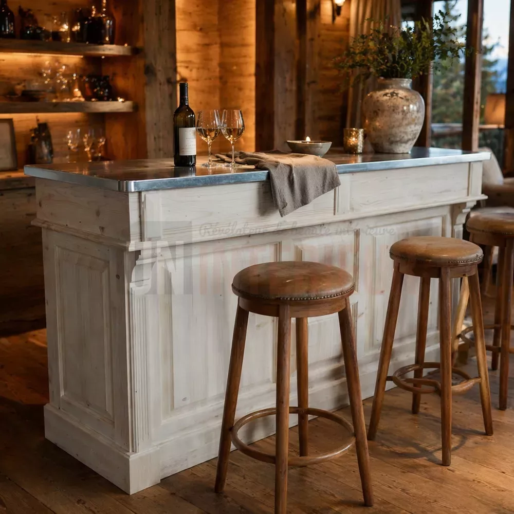 Comptoir de bar de 180cm, en pin massif et zinc, Uninterieur