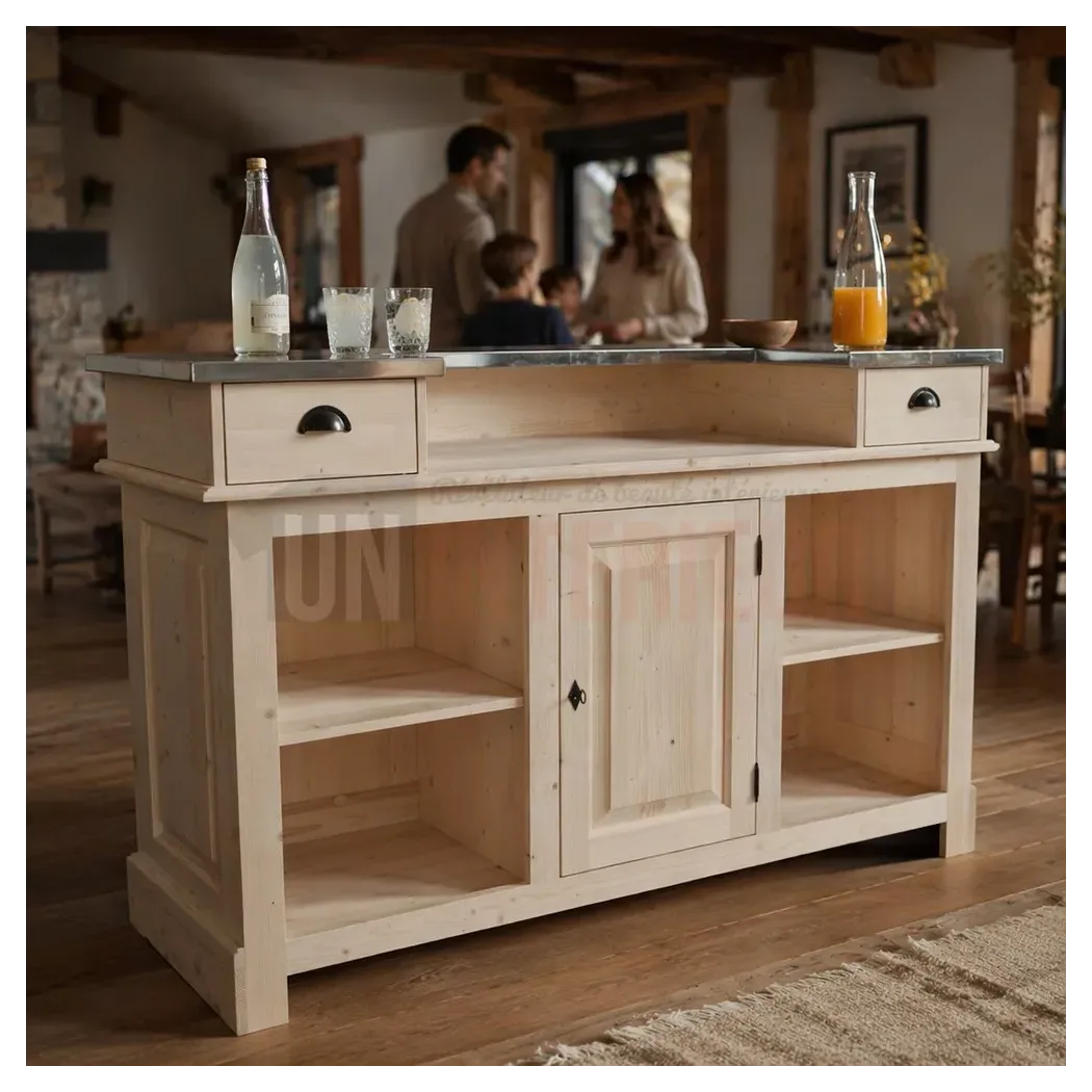 Comptoir de bar de 160cm en pin massif et zinc, Uninterieur, l'excellence à la française, depuis 1996