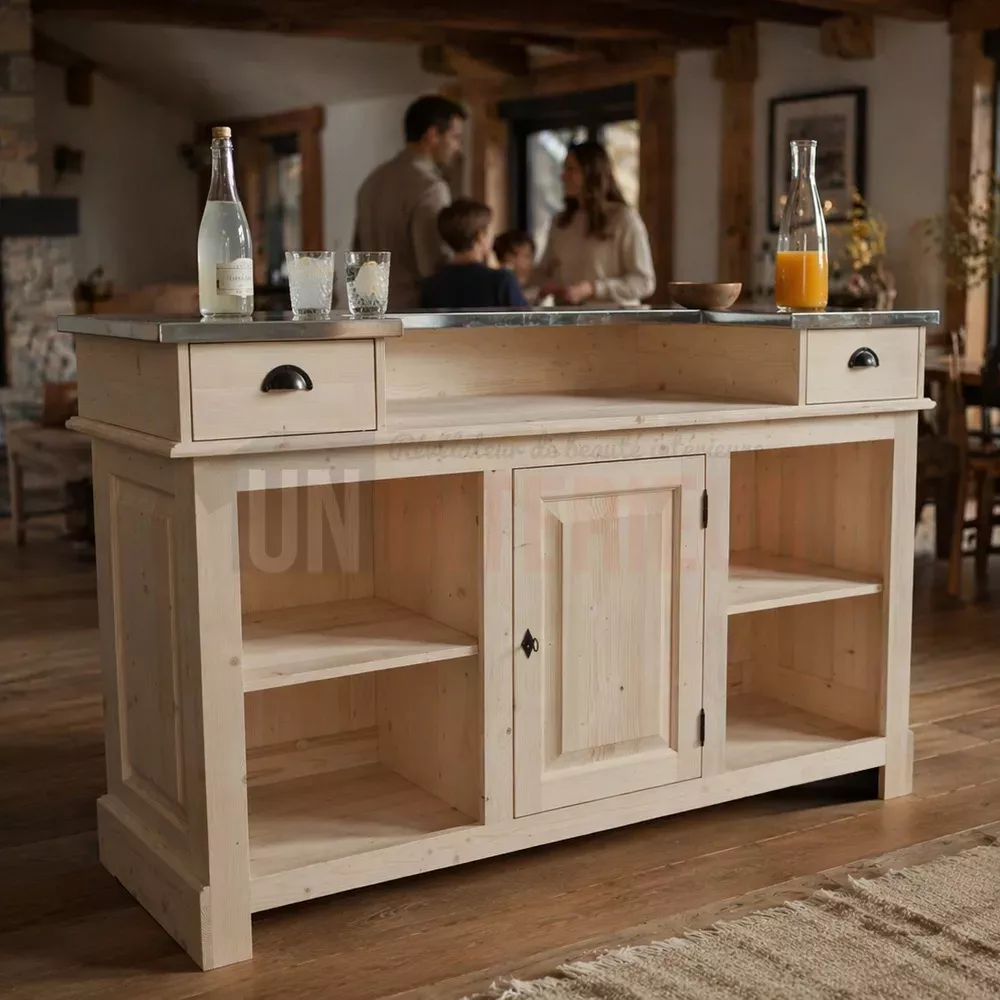 Comptoir de bar de 160cm en pin massif et zinc, Uninterieur, l'excellence à la française, depuis 1996