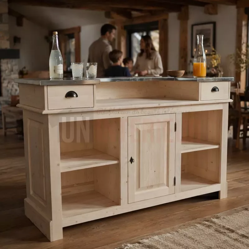 Comptoir de bar de 160cm en pin massif et zinc, Uninterieur, l'excellence à la française, depuis 1996