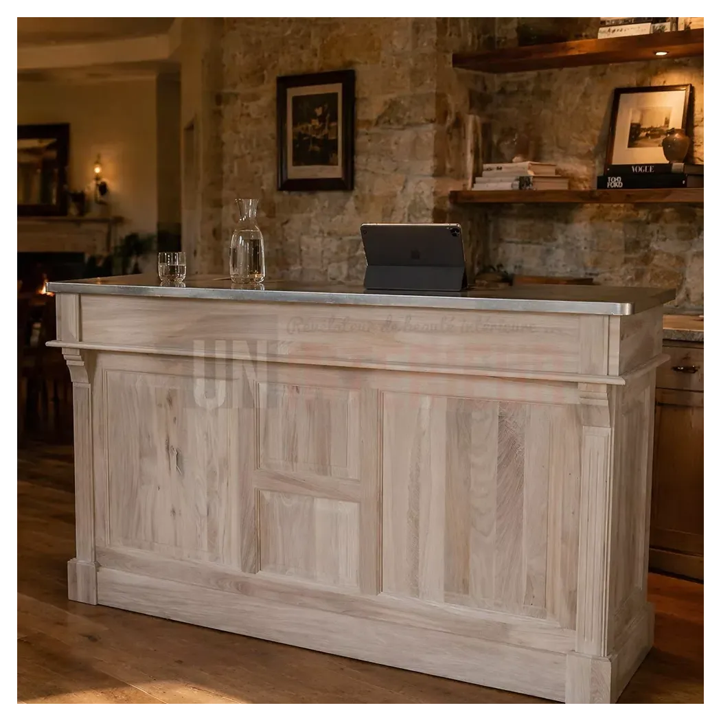 Meuble bar en chêne massif de 180cm avec plateau zinc - Uninterieur, l'excellence à la française