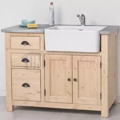 Meuble évier de cuisine en pin massif de 120cùm, avec un plateau en zinc - Uninterieur, France