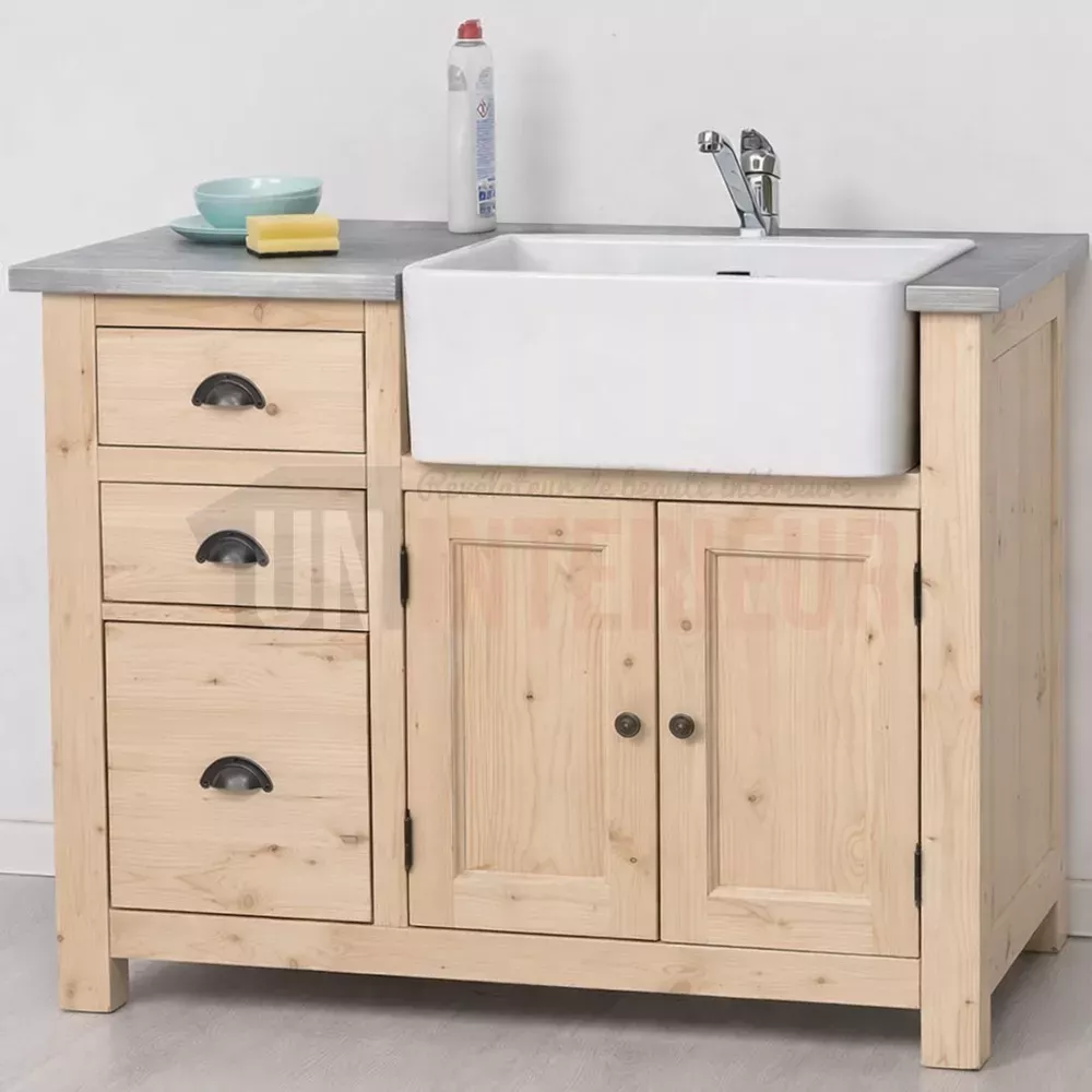 Meuble évier de cuisine en pin massif de 120cùm, avec un plateau en zinc - Uninterieur, France