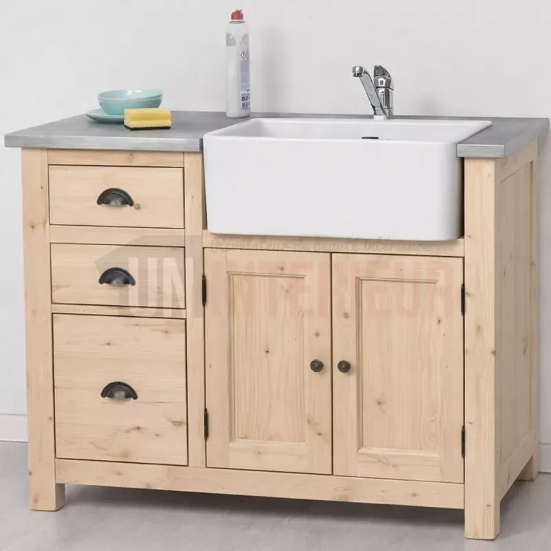 Meuble évier de cuisine en pin massif de 120cùm, avec un plateau en zinc - Uninterieur, France