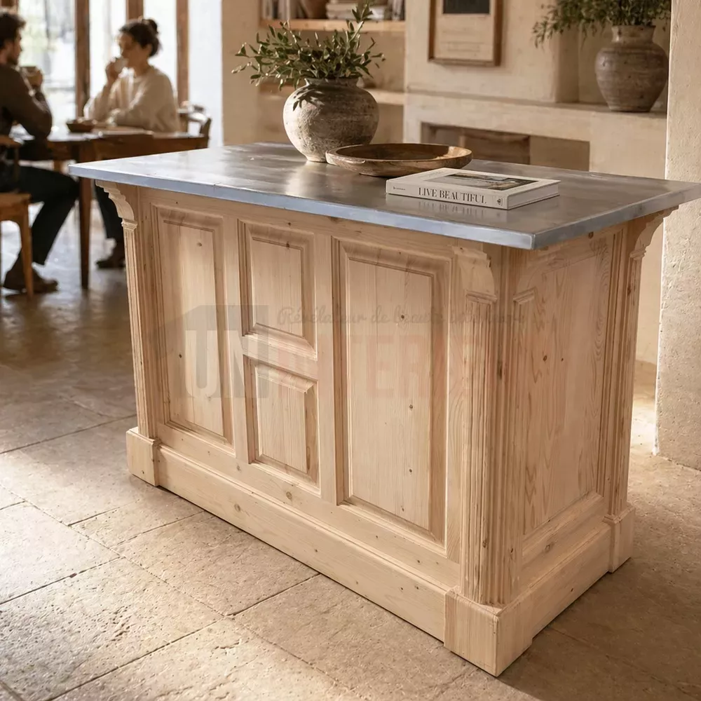 Comptoir 140cm pin massif et zinc - Uninterieur, l'excellence à la française