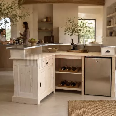 Meuble bar d'angle en 180cm x 140cm avec plateau zinc - Uninterieur, spécialistes du comptoir de bar depuis 1996