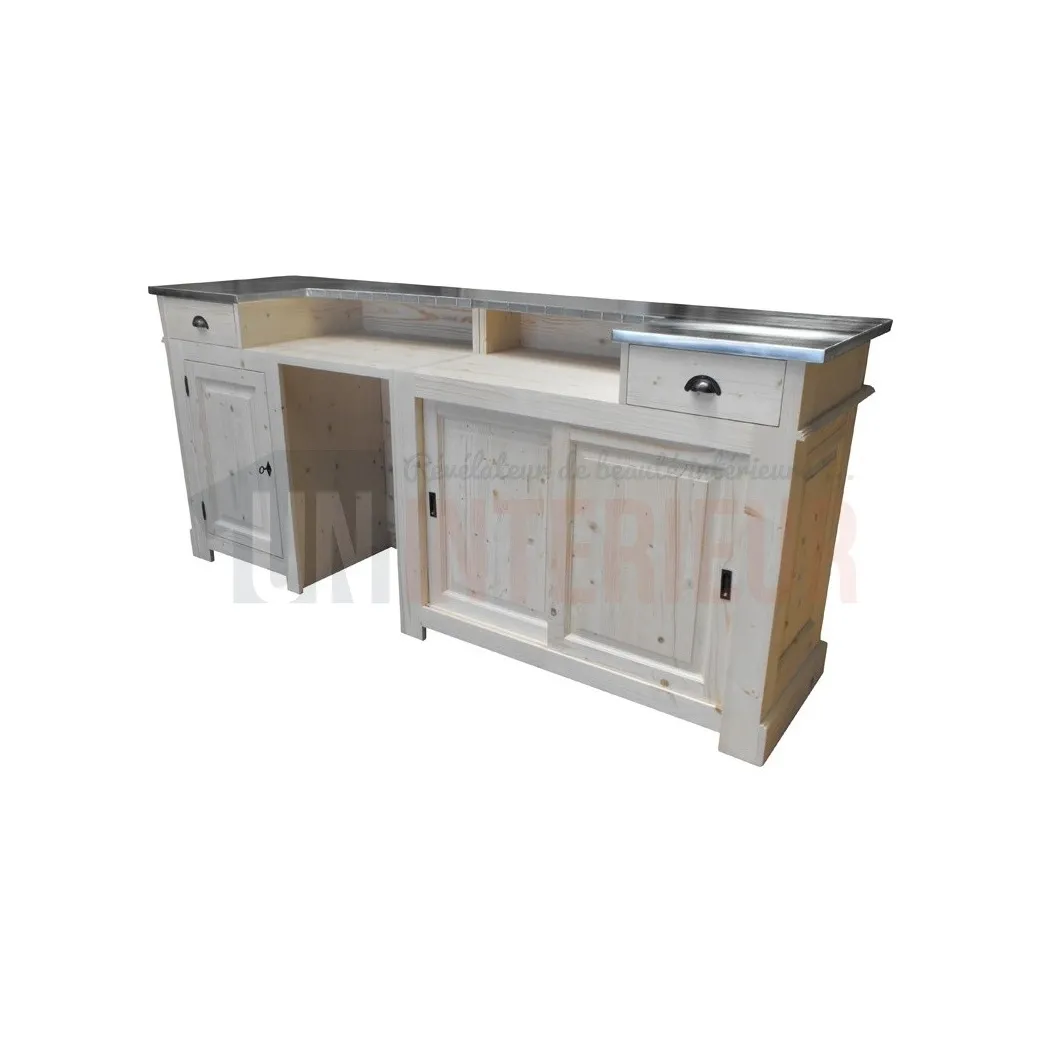 Comptoir de bar froid CHR en pin massif 240cm avec espace frigo - Chester