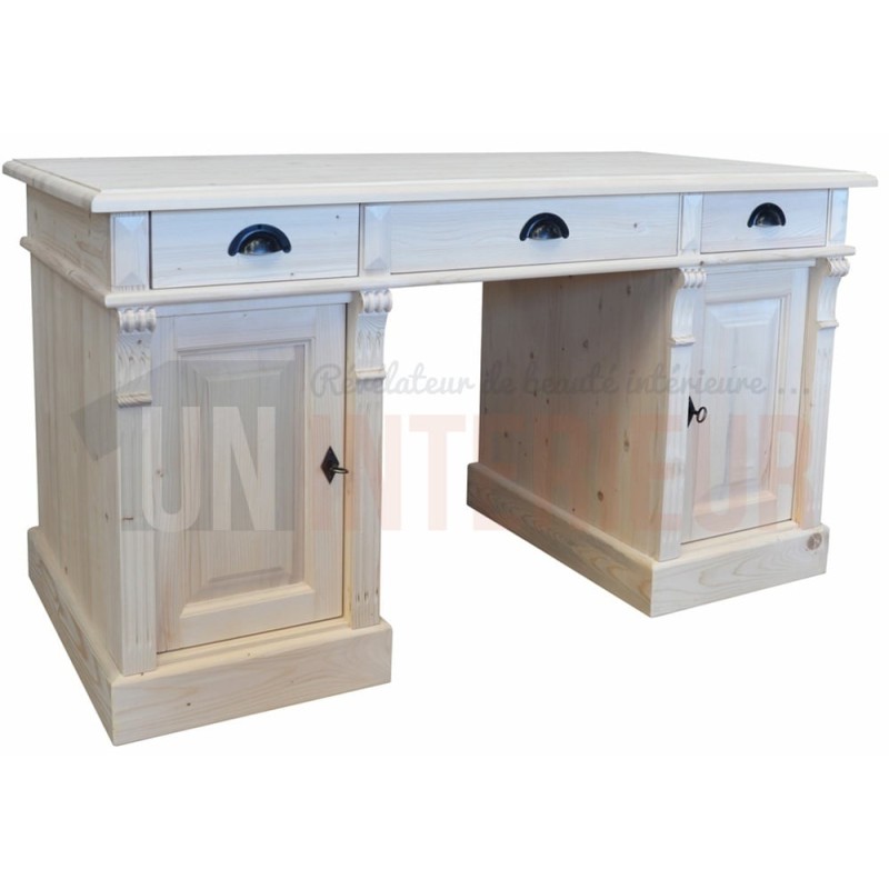 Bureau 140cm en pin massif équipé de 3 tiroirs et 2 portes - President