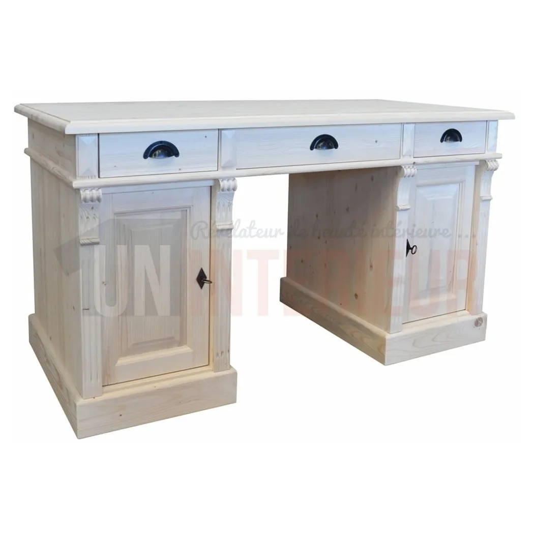 Bureau 140cm en pin massif équipé de 3 tiroirs et 2 portes - President