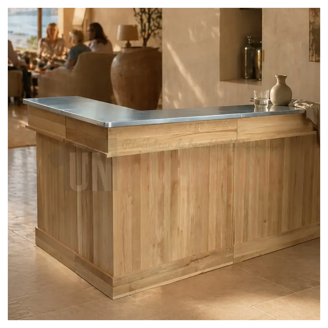 Comptoir de bar en angle fabriqué en chêne massif et zinc - Uninterieur