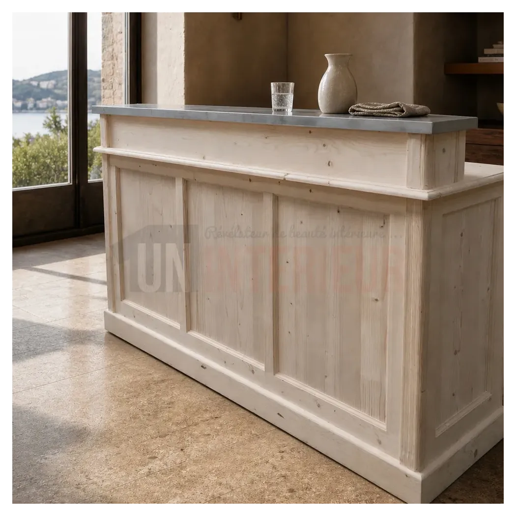 Bar passe plat ou caisse, en pin massif et zinc, Uninterieur