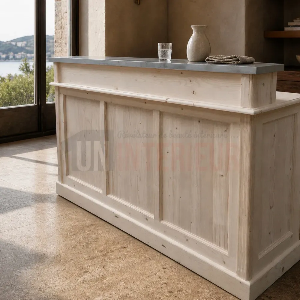 Bar passe plat ou caisse, en pin massif et zinc, Uninterieur