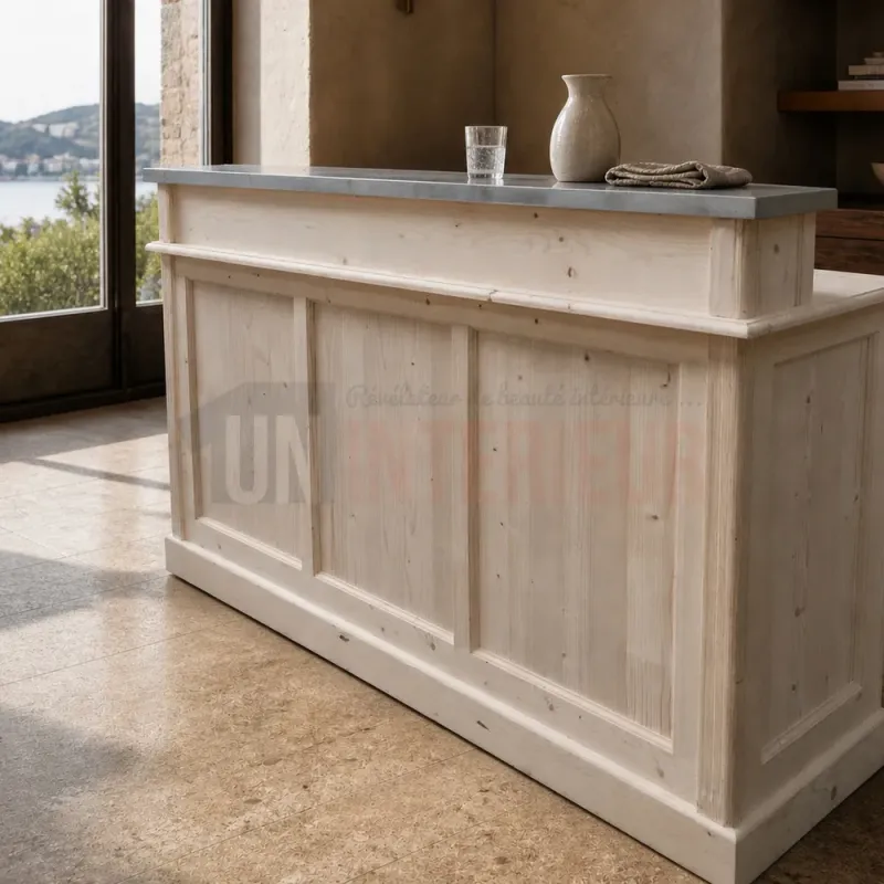 Bar passe plat ou caisse, en pin massif et zinc, Uninterieur