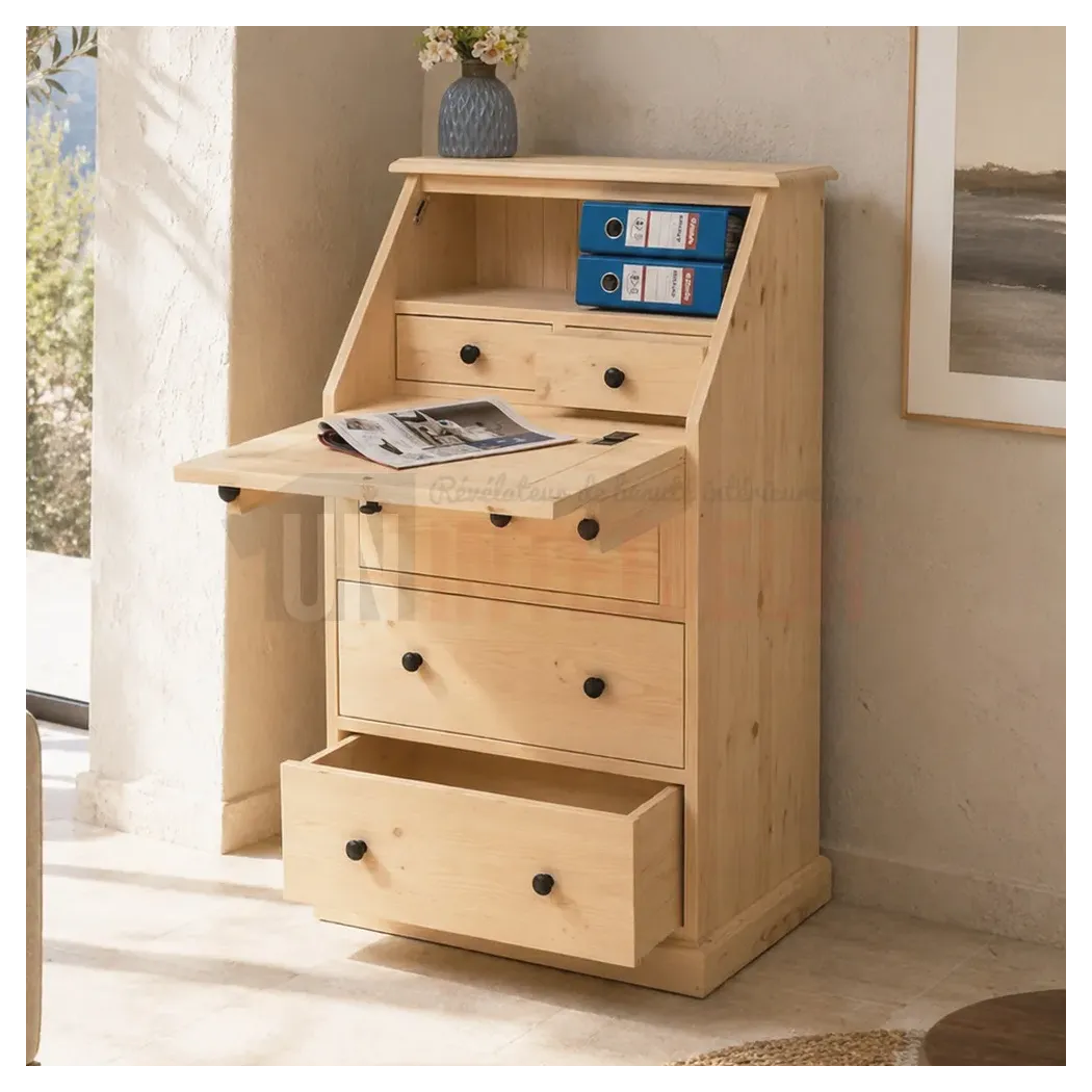 Bureau en pin massif dos d'âne 65cm - Idéal pour le télétravail - Uninterieur