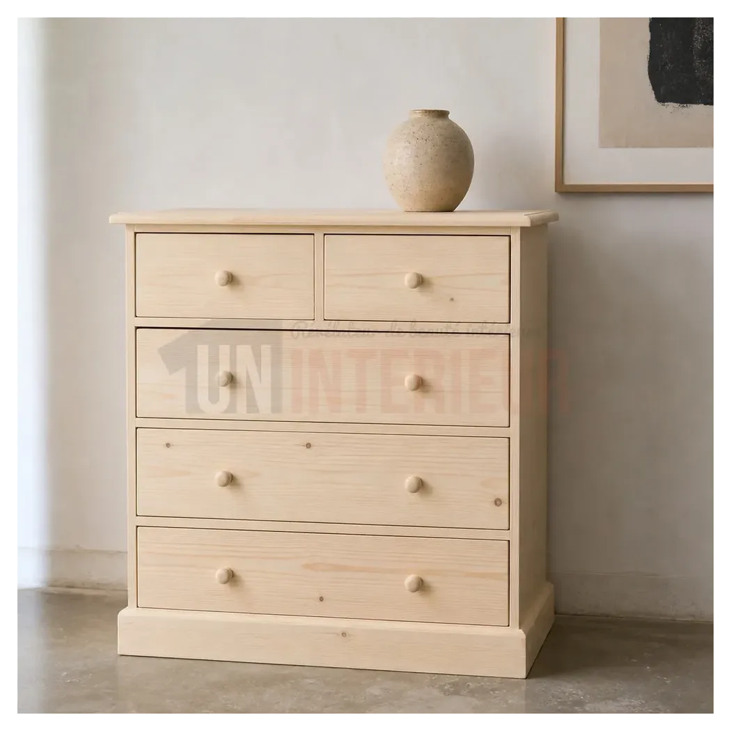 Commode en pin massif 5 tiroirs de 1 mètre de large - Uninterieur, l'excellence à la française