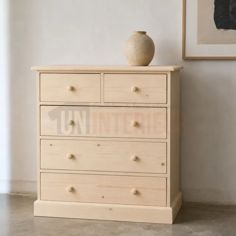 Commode en pin massif 5 tiroirs de 1 mètre de large - Uninterieur, l'excellence à la française