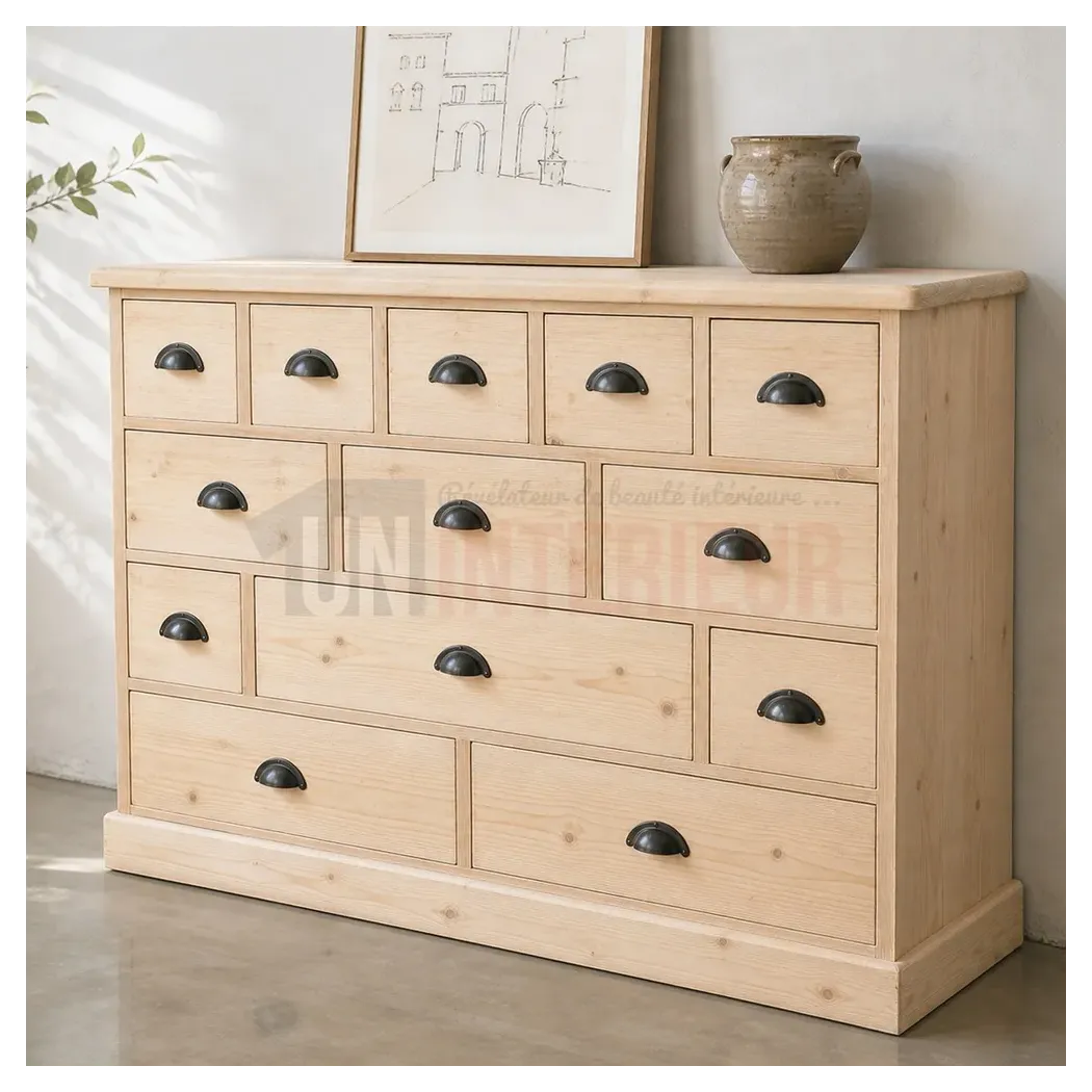 Mercière en pin massif, meuble de métier type meuble de mercerie en pin massif, 13 tiroirs - Uninterieur