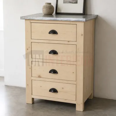 Rangement de cuisine 4 tiroirs avec plateau en zinc, en pin massif naturel, brut - Uninterieur