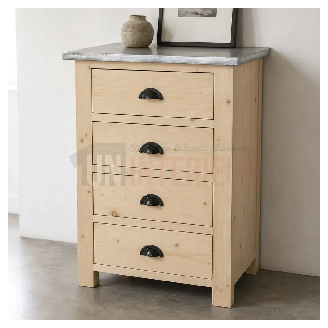 Rangement de cuisine 4 tiroirs avec plateau en zinc, en pin massif naturel, brut - Uninterieur
