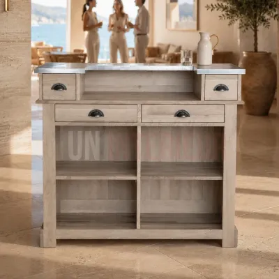 Meuble bar comptoir en chêne et zinc, 140cm. Uninterieur, l'excellence à la française, depuis 1996.