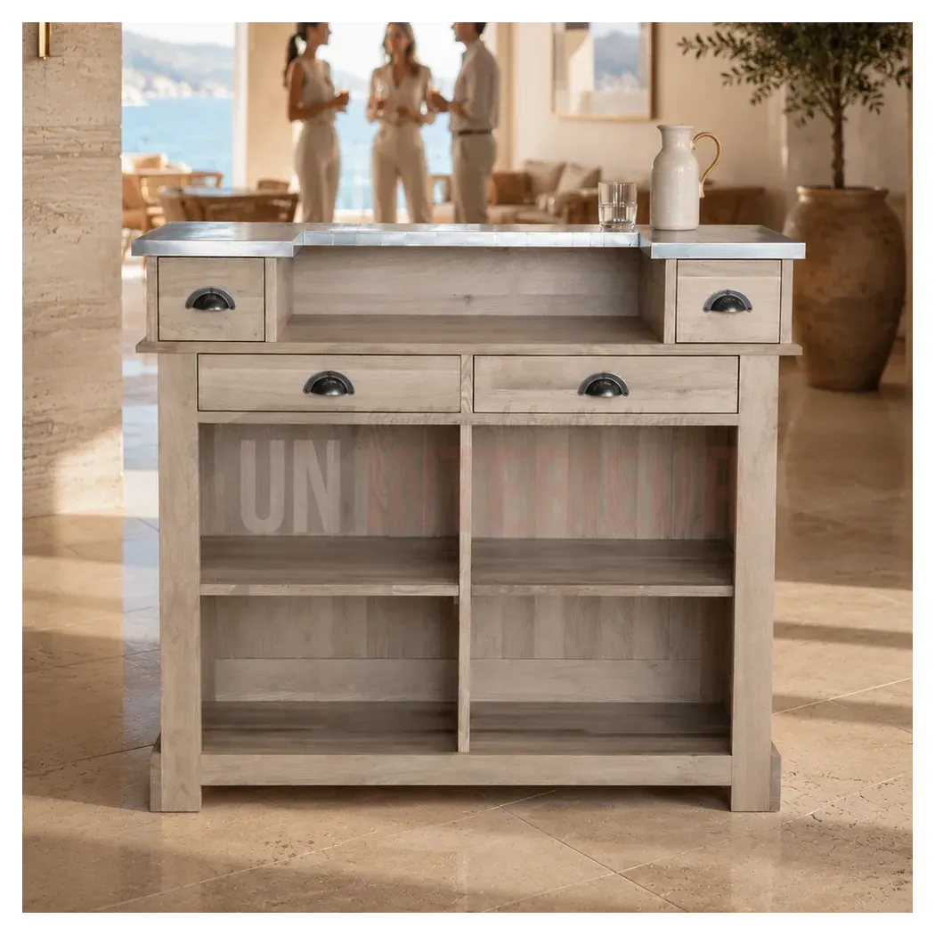 Meuble bar comptoir en chêne et zinc, 140cm. Uninterieur, l'excellence à la française, depuis 1996.