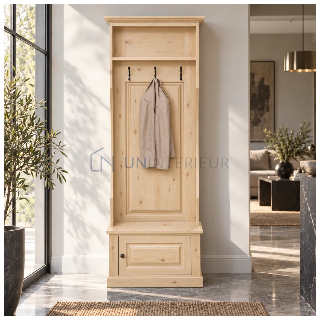Coat Rack Hall-Tree 1 Door in Solid Pine 80cm — Raw solid pine finish